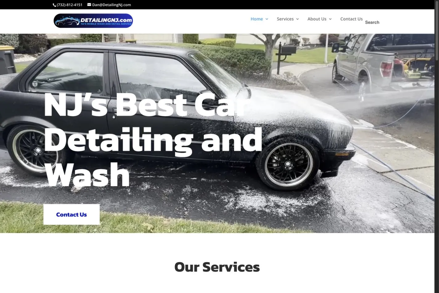 DetailingNJ website showing a car being detailed and local detailing services.