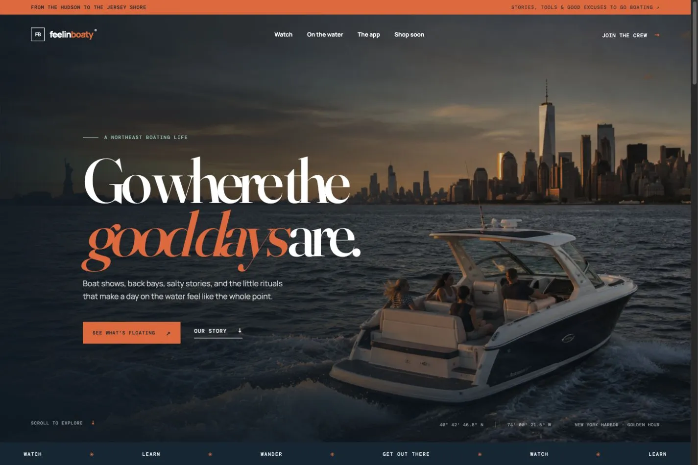 FeelinBoaty website featuring a boat on the water at sunset.