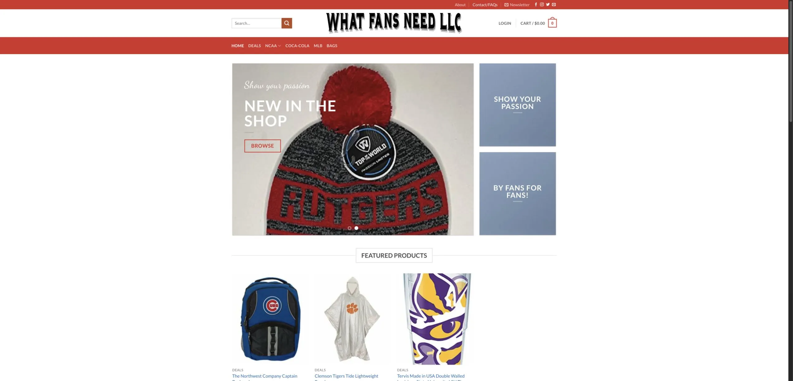 WhatFansNeed storefront with sports merchandise and product categories.